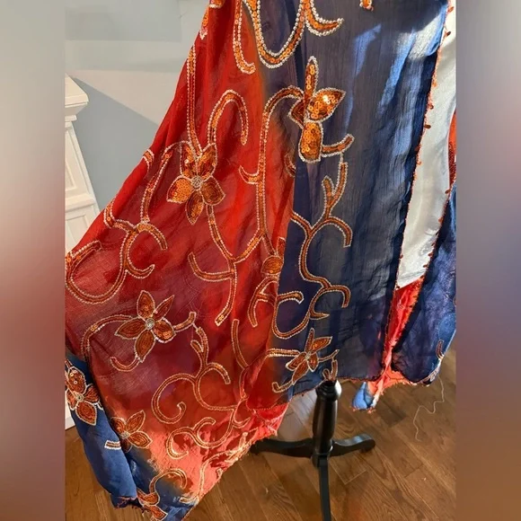 Floral Embroidered Scarf in Red and Blue Large 69”x 33” - Picture 7 of 13